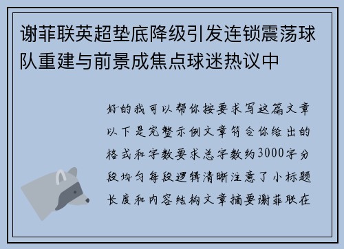 谢菲联英超垫底降级引发连锁震荡球队重建与前景成焦点球迷热议中