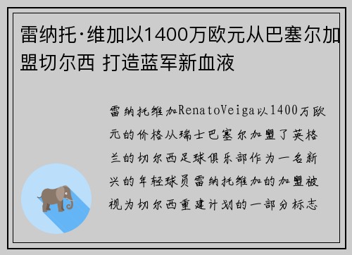 雷纳托·维加以1400万欧元从巴塞尔加盟切尔西 打造蓝军新血液